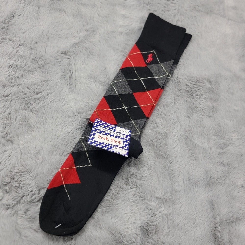 Polo Ralph Lauren Socks Mens 10-13 Black Red Gray Argyle Pony Cotton Over Calf